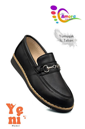 Erkek Çocuk Tokalı Deri Ayakkabı - Okul, Düğün ve Sünnet İçin Şık ve Rahat Mat Siyah