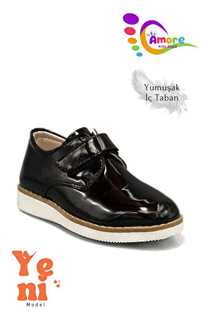 Lil Amore Cırt Cırtlı Erkek Çocuk Ayakkabısı – Okul & Sünnet Düğünü İçin Klasik Model Siyah Rugan Beyaz