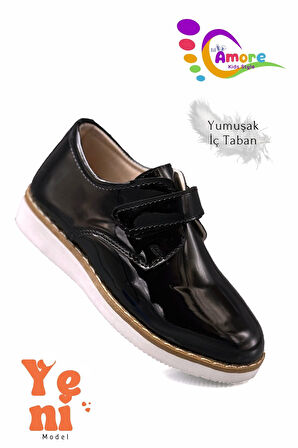 Lil Amore Cırt Cırtlı Erkek Çocuk Ayakkabısı – Okul & Sünnet Düğünü İçin Klasik Model Siyah Rugan Beyaz