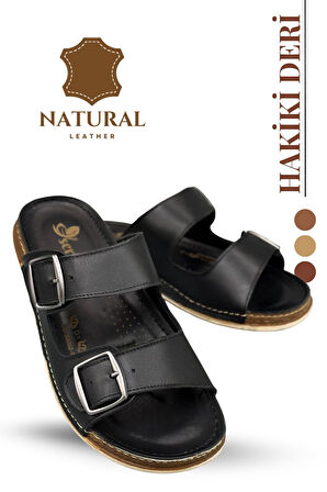 Hakiki Deri Erkek Terlik Çift Cırt Bantlı Ortopedik Rahat Taban Günlük Terlik TM Siyah