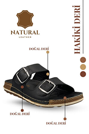 Hakiki Deri Erkek Terlik Çift Cırt Bantlı Ortopedik Rahat Taban Günlük Terlik TM Siyah