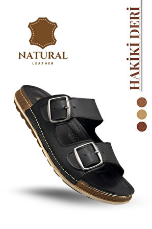 Hakiki Deri Erkek Terlik Çift Cırt Bantlı Ortopedik Rahat Taban Günlük Terlik TM Siyah