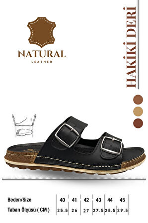 Hakiki Deri Erkek Terlik Çift Cırt Bantlı Ortopedik Rahat Taban Günlük Terlik TM Siyah