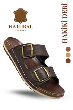 Hakiki Deri Erkek Terlik Çift Cırt Bantlı Ortopedik Rahat Taban Günlük Terlik TM Kahve
