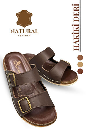 Hakiki Deri Erkek Terlik Çift Cırt Bantlı Ortopedik Rahat Taban Günlük Terlik TM Kahve