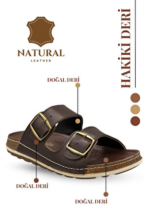Hakiki Deri Erkek Terlik Çift Cırt Bantlı Ortopedik Rahat Taban Günlük Terlik TM Kahve