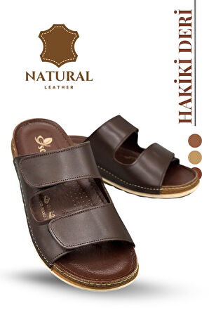Hakiki Deri Erkek Terlik Çift Cırt Bantlı Ortopedik Rahat Taban Günlük Terlik CM Kahve