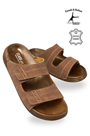 Erkek Çift Cırtlı Deri Terlik – Esnek Tabanlı Rahat Günlük Terlik C Taba