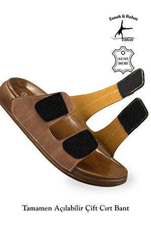 Erkek Çift Cırtlı Deri Terlik – Esnek Tabanlı Rahat Günlük Terlik C Taba