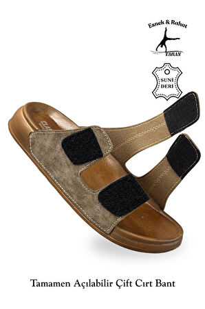 Erkek Çift Cırtlı Deri Terlik – Esnek Tabanlı Rahat Günlük Terlik C Vizon