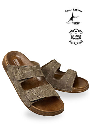 Erkek Çift Cırtlı Deri Terlik – Esnek Tabanlı Rahat Günlük Terlik C Vizon