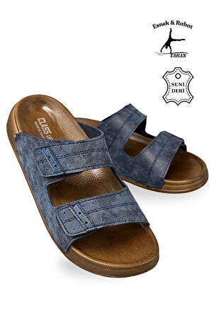 Erkek Çift Cırtlı Deri Terlik – Esnek Tabanlı Rahat Günlük Terlik C Lacivert