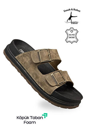 Sermoda Çift Toka Ayarlanabilir Genişlik Köpük Taban Rahat Deri Erkek Terlik Vizon