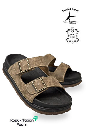 Sermoda Çift Toka Ayarlanabilir Genişlik Köpük Taban Rahat Deri Erkek Terlik Vizon