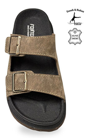 Sermoda Çift Toka Ayarlanabilir Genişlik Köpük Taban Rahat Deri Erkek Terlik Vizon