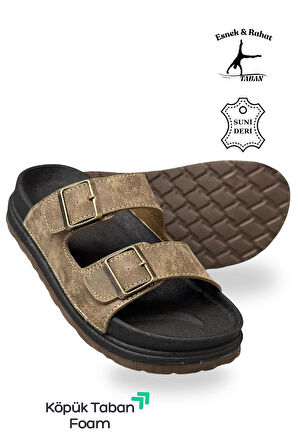 Sermoda Çift Toka Ayarlanabilir Genişlik Köpük Taban Rahat Deri Erkek Terlik Vizon