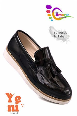 Corcik Model Erkek Çocuk Ayakkabı Okul Ayakkabısı Sünnet Düğün Takım Elbise Ayakkabısı Siyah Rugan Beyaz