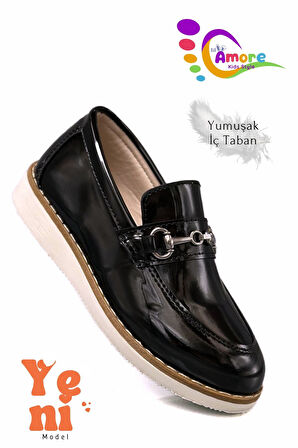 Erkek Çocuk Ayakkabı Köprü Tokalı - Okul Düğün Sünnet Ayakkabısı TR Siyah Beyaz