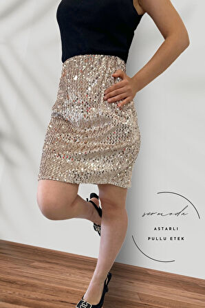 Pullu & Astarlı Pullu Mini Etek - 47 cm Uzunlukta Abiye Etek Likralı & Esnek Etek Vizon