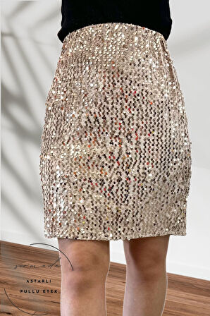 Pullu & Astarlı Pullu Mini Etek - 47 cm Uzunlukta Abiye Etek Likralı & Esnek Etek Vizon