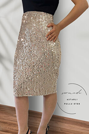 Pullu & Astarlı Pullu Diz Altı Kalem Etek - 60 cm Uzunlukta Abiye Etek Likralı & Esnek Etek Vizon