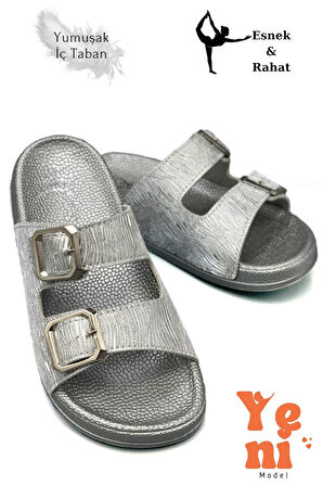 Kadın Telik Çift Toka Yumuşak ve Esnek Tabanlı Kadın Teliği Günlük Kullanım Gümüş