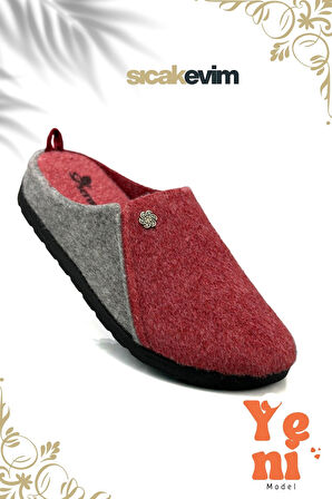 Kadın Ev Terliği  – Poli Taban Hafif Tabanlı Sıcak Tutan Ev Terliği Kırmızı Gri