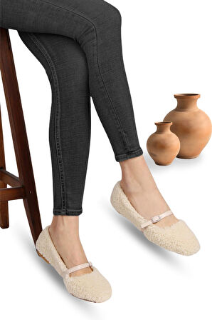 Kadın Kürklü Babet - Kuzu Babet İçi ve Dışı Kürklü Kadın Babet Bej