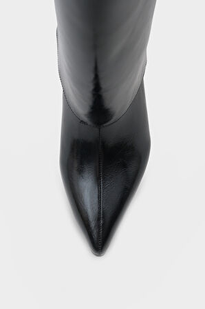 Sermoda Tozluk Detaylı Tak-Çıkar Aparatlı Çizme Bot Topuklu Sivri Burun Fermuarlı Kadın Çizme Siyah