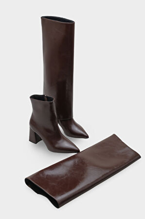 Sermoda Tozluk Detaylı Tak-Çıkar Aparatlı Çizme Bot Topuklu Sivri Burun Fermuarlı Kadın Çizme Kahve