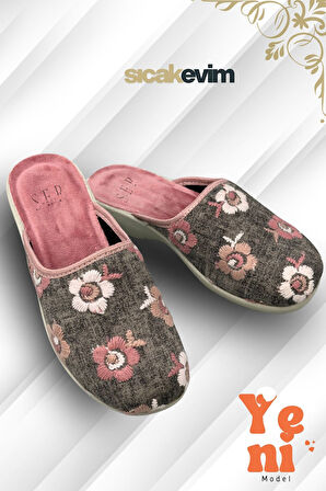 Kadın Ev Terliği  – Poli Taban Hafif Tabanlı Sıcak Tutan Ev Terliği Gri Pembe