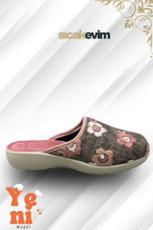 Kadın Ev Terliği  – Poli Taban Hafif Tabanlı Sıcak Tutan Ev Terliği Gri Pembe