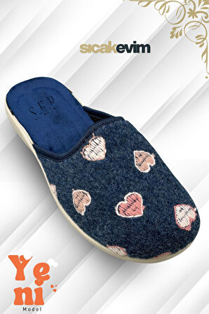 Kadın Ev Terliği  – Poli Taban Hafif Tabanlı Sıcak Tutan Ev Terliği Kalp Lacivert