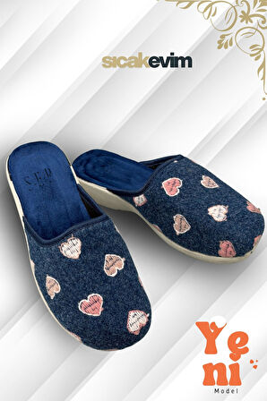 Kadın Ev Terliği  – Poli Taban Hafif Tabanlı Sıcak Tutan Ev Terliği Kalp Lacivert