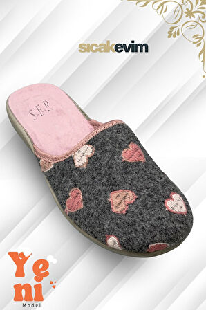 Kadın Ev Terliği  – Poli Taban Hafif Tabanlı Sıcak Tutan Ev Terliği Kalp Gri