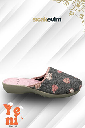 Kadın Ev Terliği  – Poli Taban Hafif Tabanlı Sıcak Tutan Ev Terliği Kalp Gri