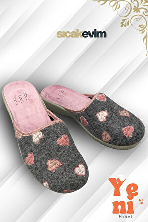 Kadın Ev Terliği  – Poli Taban Hafif Tabanlı Sıcak Tutan Ev Terliği Kalp Gri
