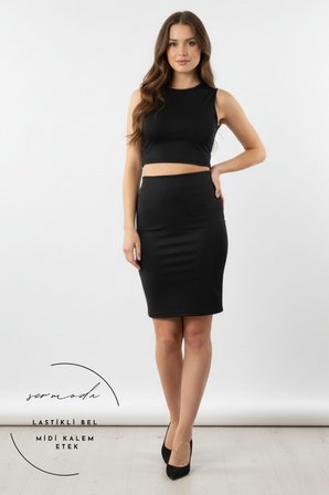 Kalem Etek - Bel Lastikli Slim Fit Midi Kalem Etek KS Siyah