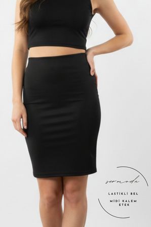 Kalem Etek - Bel Lastikli Slim Fit Midi Kalem Etek KS Siyah