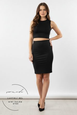 Kalem Etek - Bel Lastikli Slim Fit Midi Kalem Etek KS Siyah