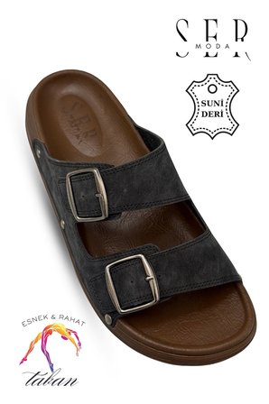 Sermoda Erkek Terlik - Çift Toka Ayarlanabilir Esnek Taban Deri Erkek Terlik T Siyah