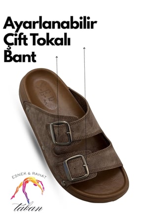 Sermoda Erkek Terlik - Çift Toka Ayarlanabilir Esnek Taban Deri Erkek Terlik T Kahve