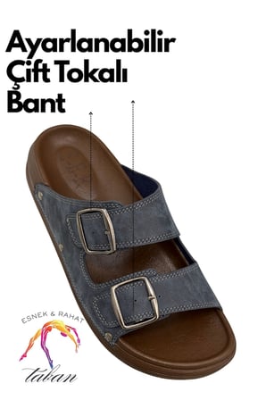 Sermoda Erkek Terlik - Çift Toka Ayarlanabilir Esnek Taban Deri Erkek Terlik T Lacivert