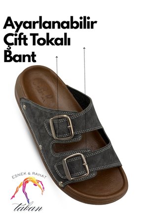 Sermoda Erkek Terlik - Çift Toka Ayarlanabilir Esnek Taban Deri Erkek Terlik T Füme