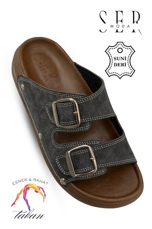 Sermoda Erkek Terlik - Çift Toka Ayarlanabilir Esnek Taban Deri Erkek Terlik T Füme