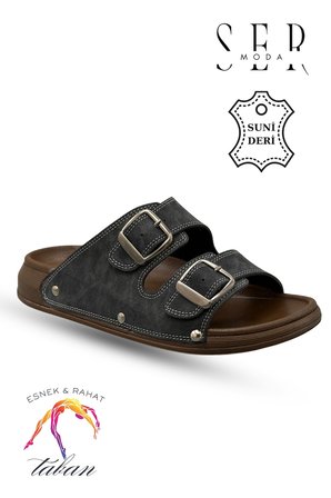 Sermoda Erkek Terlik - Çift Toka Ayarlanabilir Esnek Taban Deri Erkek Terlik T Füme
