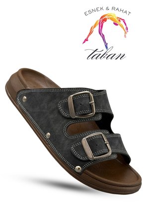 Sermoda Erkek Terlik - Çift Toka Ayarlanabilir Esnek Taban Deri Erkek Terlik T Füme