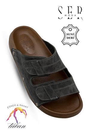 Sermoda Erkek Terlik - Çift Toka Ayarlanabilir Esnek Taban Deri Erkek Terlik C Füme
