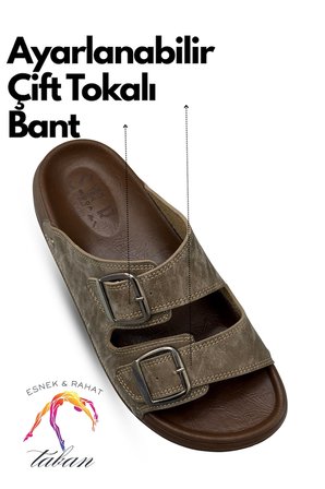 Sermoda Erkek Terlik - Çift Toka Ayarlanabilir Esnek Taban Deri Erkek Terlik T Haki