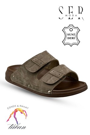 Sermoda Erkek Terlik - Çift Toka Ayarlanabilir Esnek Taban Deri Erkek Terlik C Haki